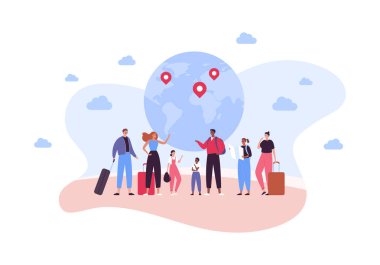 Family tourism and global travel concept. Vector flat people illustration. Group of multhiethic character of parents with child with baggage on planet earth with map pin background.