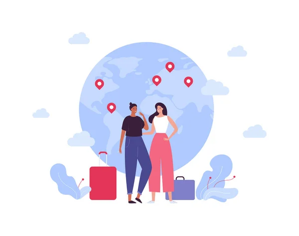 Tourism Global Travel Concept Vector Flat People Illustration Couple Female — Archivo Imágenes Vectoriales