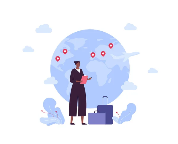 Global Business Travel Concept Vector Flat People Illustration African Businesswoman — стоковый вектор