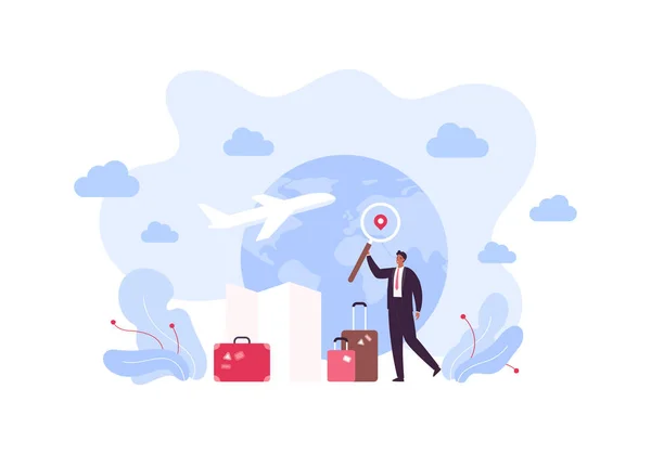 Business Travel Concept Vector Flat People Illustration Businessman Hold Magnifying — Archivo Imágenes Vectoriales