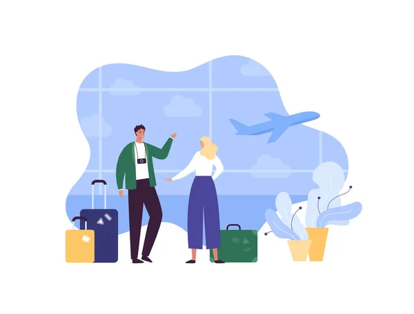 Tourism Airplane Travel Concept Vector Flat People Illustration Couple Man — Stok Vektör