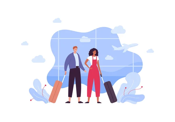 Tourism Airplane Travel Concept Vector Flat People Illustration Couple Young — Stockový vektor
