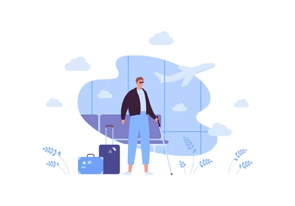 Toerisme Voor Blinden Vliegtuig Reizen Concept Vector Platte Mensen Illustratie — Stockvector
