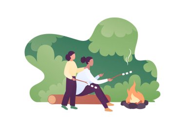 Turizm, zeka ve kamp konsepti. Vektör düz insan illüstrasyonu. Kızla birlikte kadın anne lokumları ateşe hazırlıyor. Arka planda yeşil orman ve gökyüzü. Doğa parkı yolculuğu için tasarım.