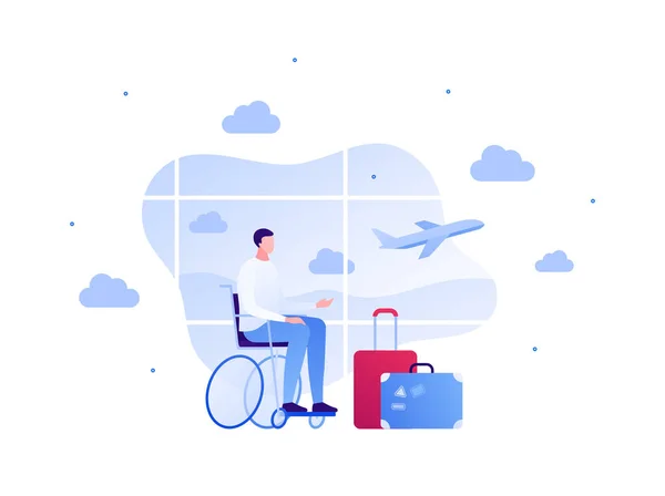 Turismo Para Personas Con Discapacidad Concepto Viaje Avión Ilustración Caracteres — Archivo Imágenes Vectoriales