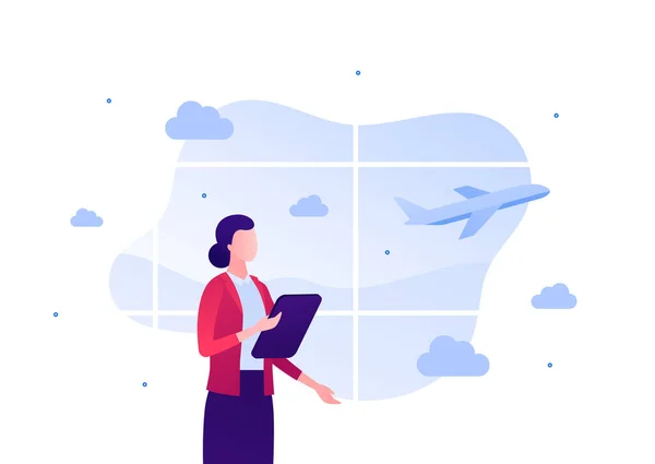 旅游业 全球商业和教育概念 病媒扁平化的人举例说明 有平板电脑的妇女站在机场起飞区的窗户上 飞机在天空背景上 — 图库矢量图片