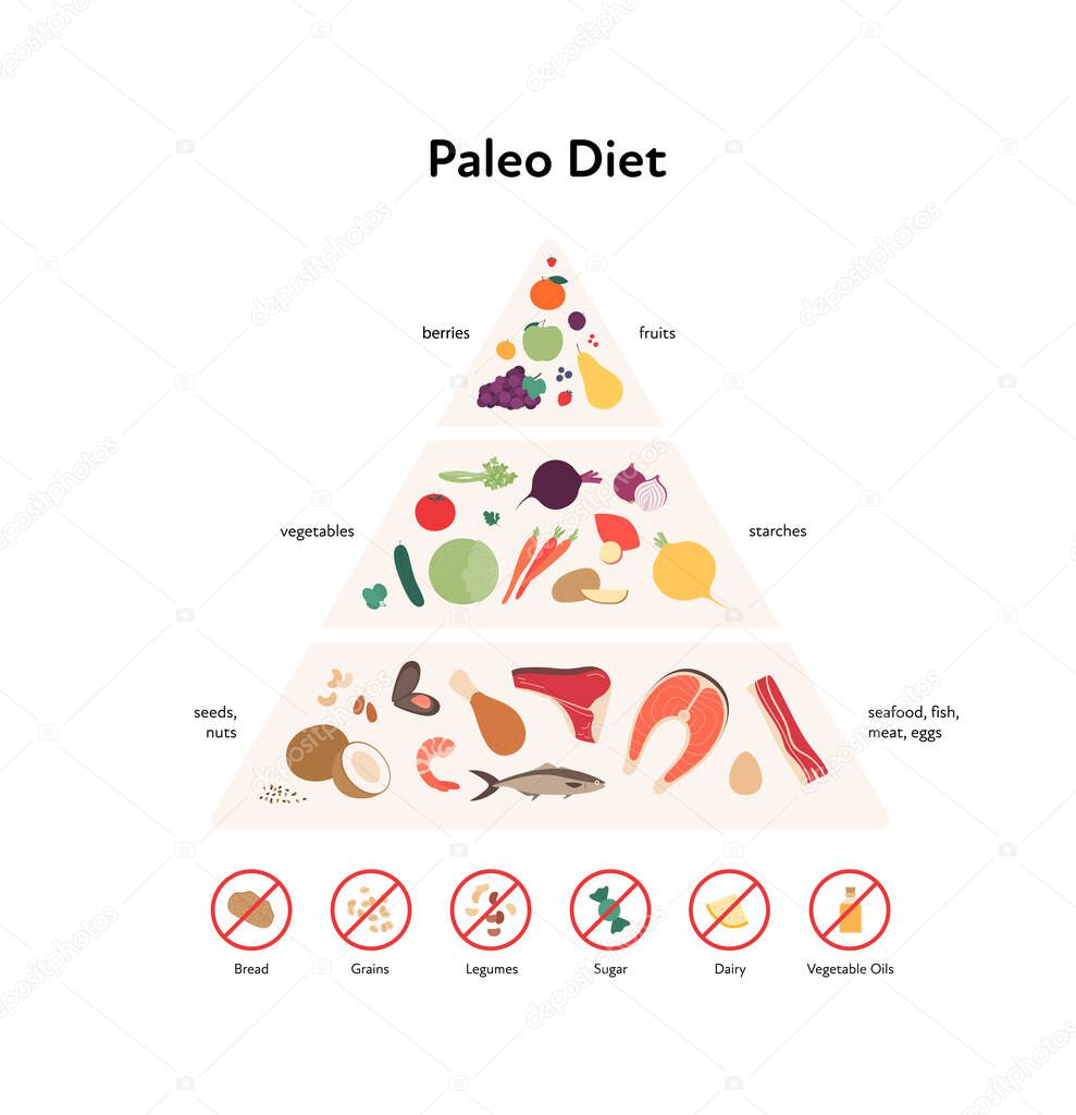 Food guide concept. Vector flat modern illustration. Paleo diet infographic pyramid with label, rules and recomendation with stop restriction sign. Food icons of fruit, vegetables, fish, meat and seed