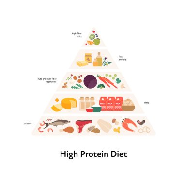 Yemek rehberi konsepti. Vektör düz modern illüstrasyon. Etiketli yüksek protein diyet bilgi piramidi. Renkli gıda, yağ, et, sebze, balık ve süt ürünleri simgesi beyaz arkaplanda izole edildi.