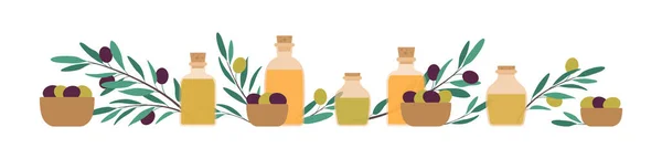 Natural Food Concept Vector Flat Illustration Olive Oil Bottle Leaf — Stock Vector