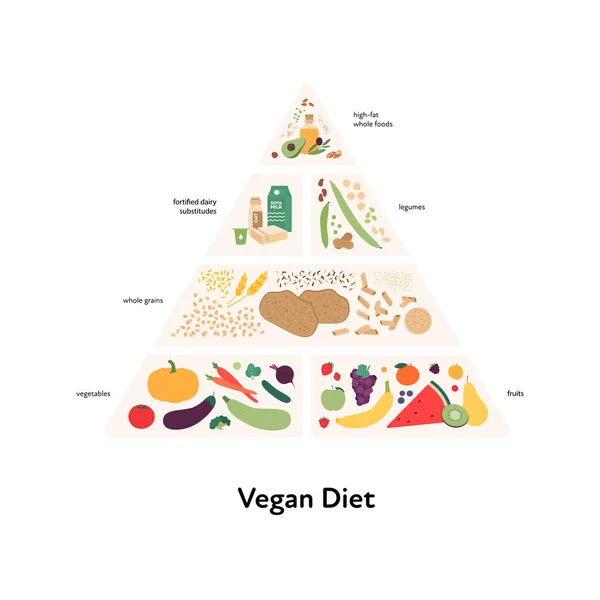 食品指导概念 矢量平面现代插图 一种带有标签的饮食信息金字塔 色彩艳丽的食物 豆类和谷物图标 背景为白色 — 图库矢量图片