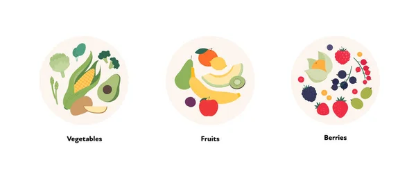 食物图解收集 不同蔬菜 水果和浆果符号在白色背景下的圆形框架结构矢量平面设计 — 图库矢量图片