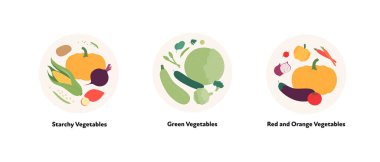 Yemek illüstrasyon koleksiyonu. Beyaz arkaplanda bulunan çeşitli nişasta, yeşil, turuncu ve kırmızı sebzelerin vektör düz tasarımı.