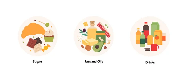 食物图解收集 各种糖类 脂肪类 油类和饮料符号在白色背景下隔离的圆形框架的矢量平面设计 — 图库矢量图片