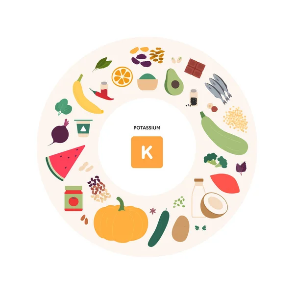 健康食品微营养素指导概念 矢量平面插图 收集钾产品来源 色彩斑斓的种子 水果象征 — 图库矢量图片
