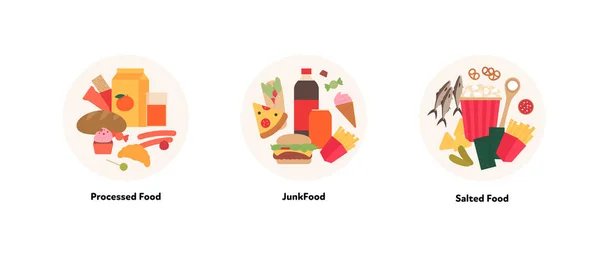 食物图解收集 基于白色背景的圆形框中加工 垃圾和腌制产品符号矢量平面设计 — 图库矢量图片