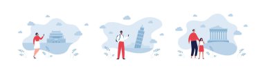 Seyahat konsepti ve gezi koleksiyonu. Vektör düz çizim seti. Çoklu etik erkek ve kadın grupları. Babası olan bir kız. Arka planda Avrupa tarihi bina silueti.
