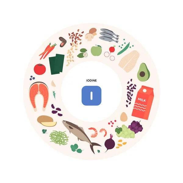健康食品指导概念 矢量平面插图 碘维生素来源信息图 圆形框图 色彩斑斓的肉 坚果图标 — 图库矢量图片