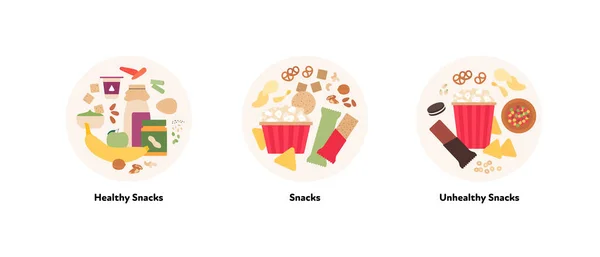 食物图解收集 白色背景隔膜圆框内各种健康 不健康小吃符号的矢量平面设计 — 图库矢量图片