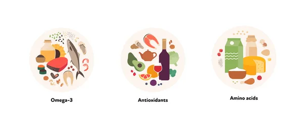 Illustration Von Lebensmitteln Und Gesunden Nährstoffquellen Vektor Flaches Design Verschiedener — Stockvektor