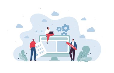 UI, UX ve web tasarım konsepti. Vektör düz karakter çizimi. Erkek ve kadın sanatçı ve tasarımcılardan oluşan çoklu etik ekip bilgisayar ekranında arayüz oluşturuyor. Elektronik kalem, dizüstü bilgisayar sembolü.