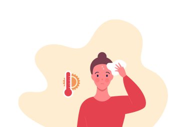 Enviroment issue and extreme weather concept. Vector flat people illustration. Heat wave red color thermometer symbol isolated on white background. Sweaty female character with heatstroke symptom