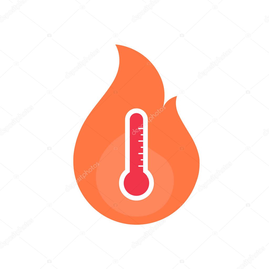 Enviroment issue and extreme weather concept. Vector flat icon illustration. Heat wave red color thermometer in flame symbol isolated on white background.