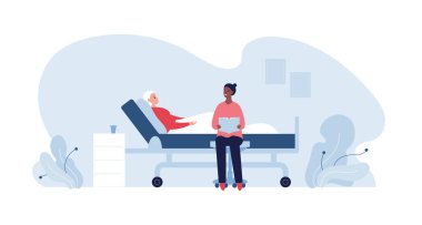Healthcare volunteering and caregiving concept. Vector flat people illustration. African caregiver volunteer read for disabled woman patient in medical bed. Design for hospital care service.
