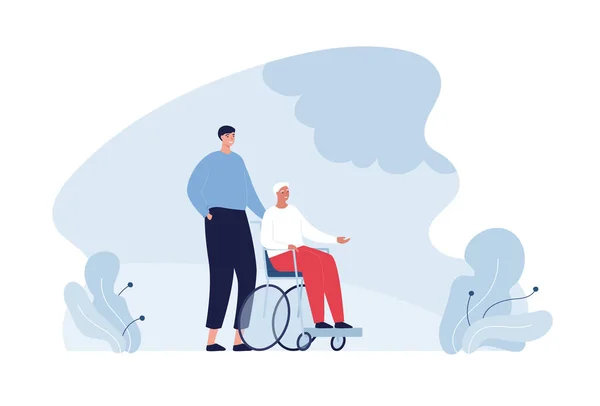 Healthcare Volunteering Caregiving Concept Vector Flat People Illustration Volunteer Help — Διανυσματικό Αρχείο