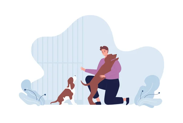 Pet Shelter Care Volunteering Concept Vector Flat People Illustration Man — Stockvektor