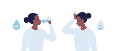 Dehydration concept. Vector flat healthcare illustration. Dehydrated african woman with symptom and female drink water from bottle. Drop with level checkmark and cross symbol.