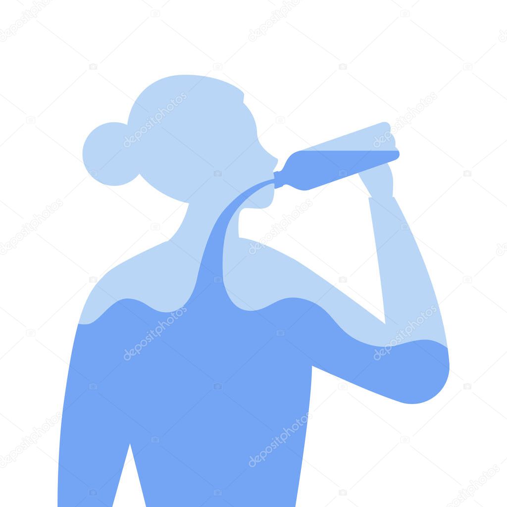 Dehydration concept. Vector flat healthcare illustration. Human female body silhouette with water level drink from bottle isolated on white background. Design element for summer time health care