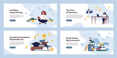 Education banner template concept. Vector flat design character illustration set. Collection of layout. Girl with laptop on online conference. Group of male and female student. Book, lightbulb, pencil