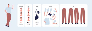 Character diy kit. Vector flat design people illustration. Man constructor element set. Young male office or student avatar with various emotion, hair, skin tone, backpack, device, hands and legs