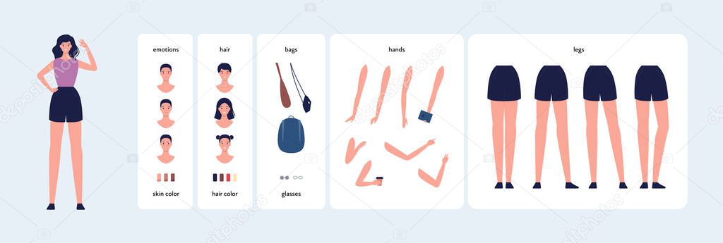 Character diy kit. Vector flat design people illustration. Woman constructor element set. Female teen or student avatar with various emotions, hairstyle, skin tone, bag, accessorise, hands and legs