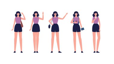 Character collection. Vector flat design people illustration set. Young adult female or teenager girl standing isolated on white background. Coffee, bags, glasses, smartphone and backpack accessories