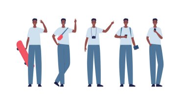Character collection. Vector flat design people illustration set. Young adult african male or teenager boy standing isolated. Coffee, bags, skate board, smartphone and backpack accessories