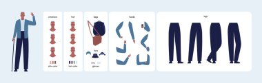 Character diy kit. Vector flat design people illustration. Man constructor element set. Old male constructor with various emotion, skin tone, hair style, stick, bag, hat, hand and leg element