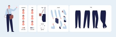 Character diy kit. Vector flat design people illustration. Man constructor element set. Young male office employee with various emotion, hair, skin tone, travel bag, suit case, hands and legs
