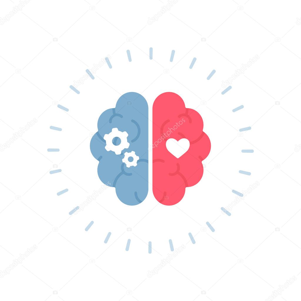 Mental health, eq and emotional regulation concept. Vector flat design healthcare illustration. Human brain with half of rational gear and emotional heart shape symbol isolated on white background.
