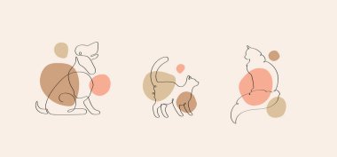 Soyut vektör düz bir çizgi çizim seti. Renkli kahverengi, pembe ve kırmızı arka planda sürekli çizgi kedi ve köpek hayvan silueti. Poster ve afiş için kavramsal tasarım