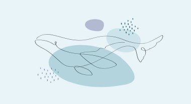 Soyut vektör düz bir çizgi çizimi. Arka planda renkli mavi sıçrama üzerinde durmaksızın çizgili balina ya da yunus okyanusu hayvan silueti. Poster ve afiş için kavramsal tasarım