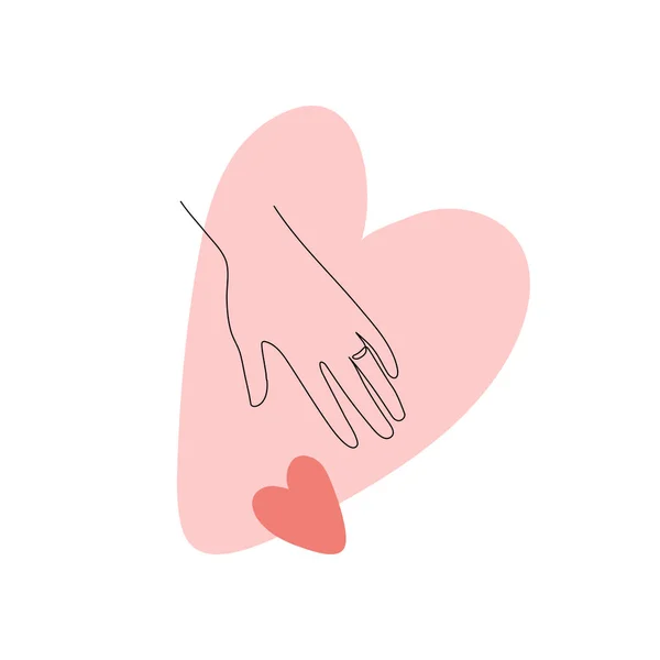 アブストラクトベクトルフラット1ラインアートイラスト 連続ライン人間の手は カラフルなピンクの背景にハートの愛のシンボルシルエットを取ります 休日のポスター バナーのための概念設計 — ストックベクタ