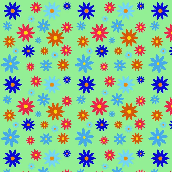 Bunte Blumen Auf Grünem Hintergrund Mit Nahtlosem Muster Textiles Textildesign — Stockfoto