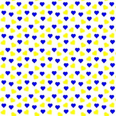 Beyaz arka planda mavi ve sarı kalpler. Kusursuz desen. Ukrayna savaşı konsepti. Ukrayna bayrağı renginde bir kalp ikonu. Savaş yok..