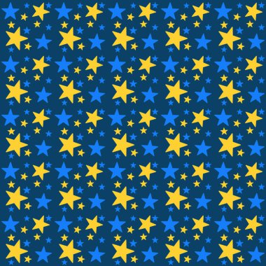 Koyu mavi arka planda yıldızlı kusursuz desen. Farklı boyutlarda mavi ve sarı yıldızlar..