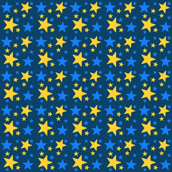 无缝隙图案 星形深蓝色背景 不同大小的蓝星和黄星 — 图库照片