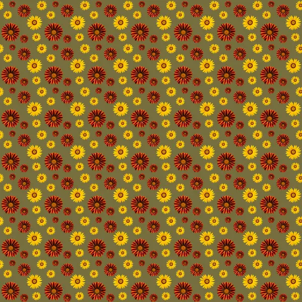 Seamless Pattern Yellow Orange Bright Flowers Green Background Textile Fabric — Stok fotoğraf
