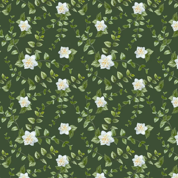 Seamless pattern with green branches and white flowers on a  green background. Textile fabric design. Design for textiles, cards, wallpapers.
