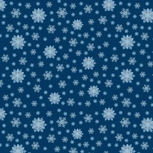 Schneeflocken Nahtloses Muster Vieler Schneeflocken Auf Dem Dunkelblauen Hintergrund Weihnachtliche — Stockfoto