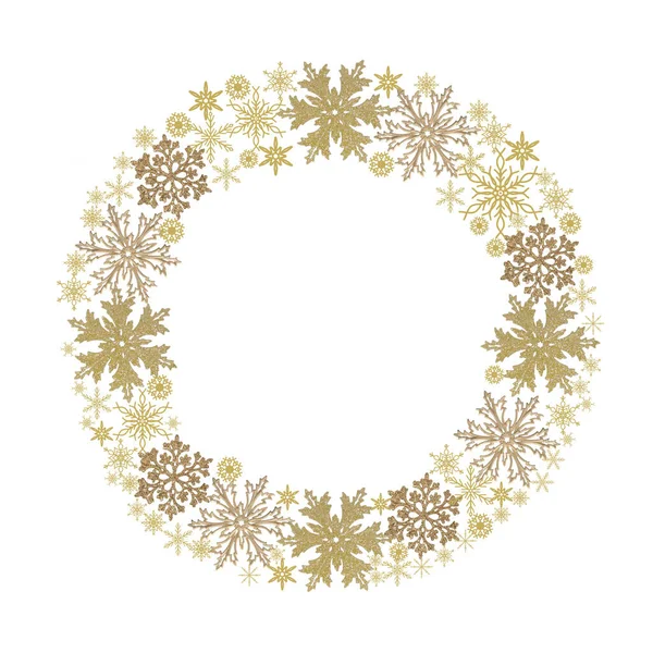 Goldene Schneeflocken Verschiedenen Größen Isoliert Auf Weißem Hintergrund Weihnachten Rund — Stockfoto